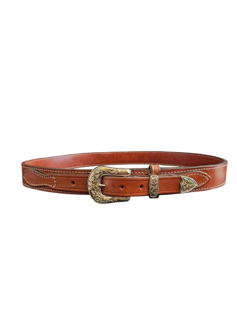 Black Hills Leather Mens Brown Western Leather  Ornate Buckle Belt Size 42X